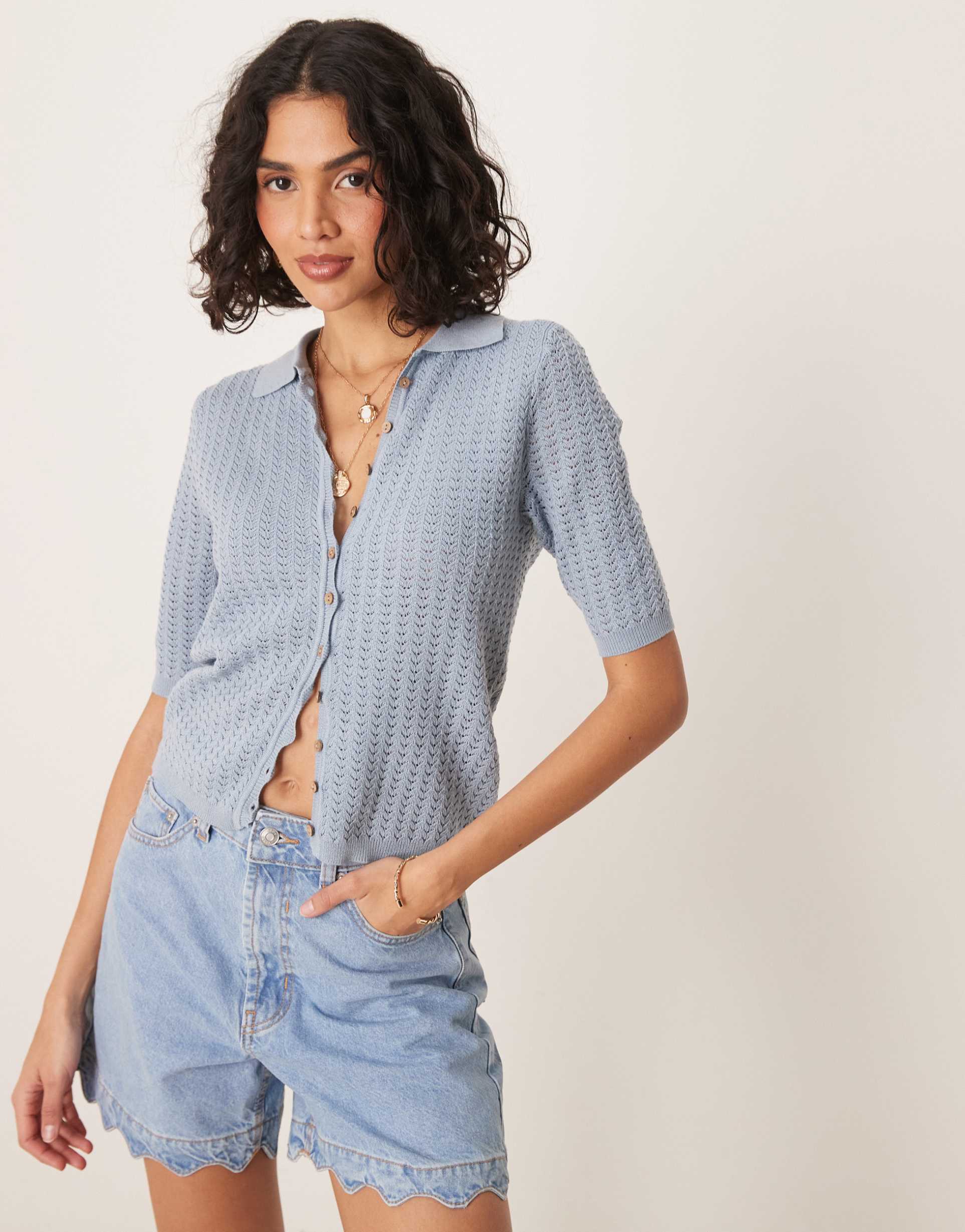aware fine knit polo top in dusty blue