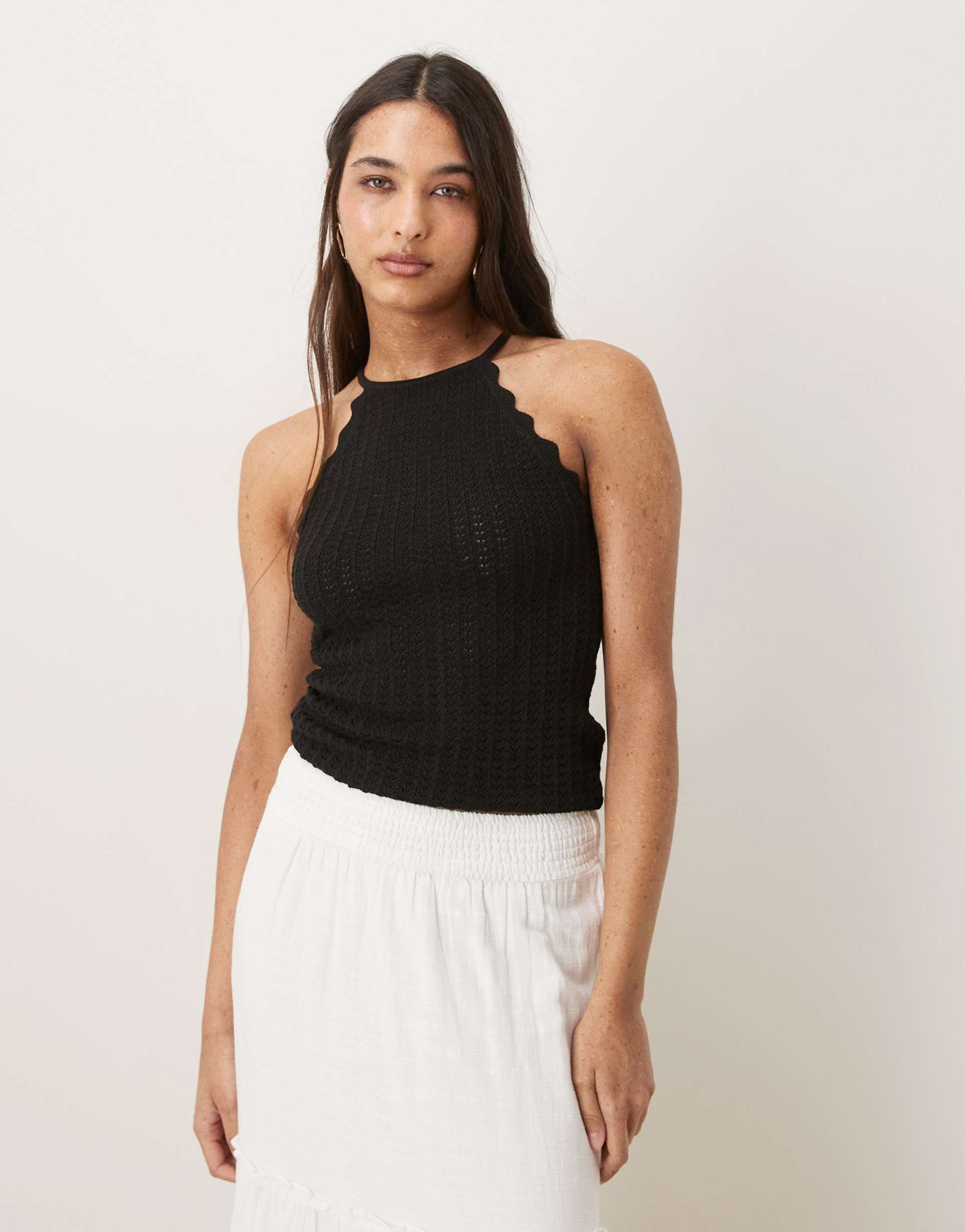 aware fine knit tank top with scalloped trim in black