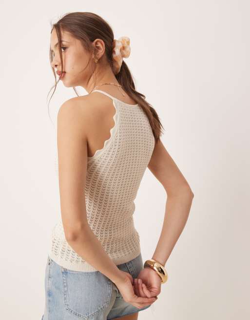 AWARE fine knit tank top with scalloped trim in cream | ASOS