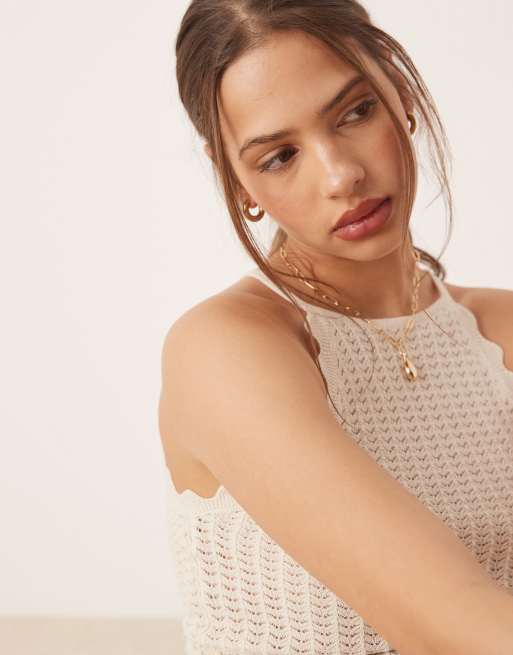 AWARE fine knit tank top with scalloped trim in cream, 4 of 4