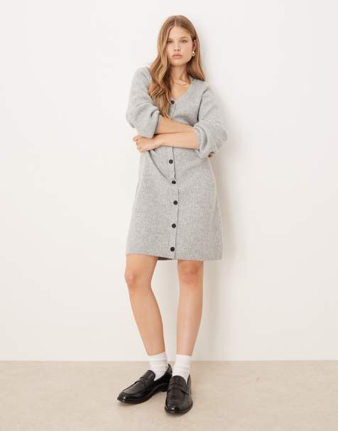 AWARE - Fit & Flare - Gebreide mini-jurk met knopen in gemêleerd grijs - view 1