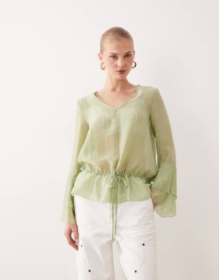 Aware Flared Sleeve V-neck Top In Green