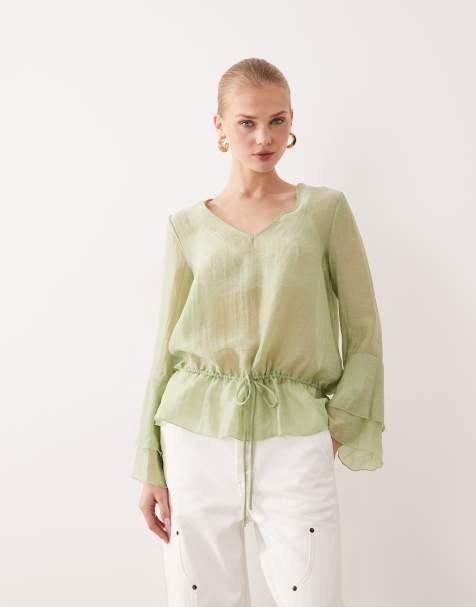 AWARE flared sleeve v-neck top in herb green - view 1