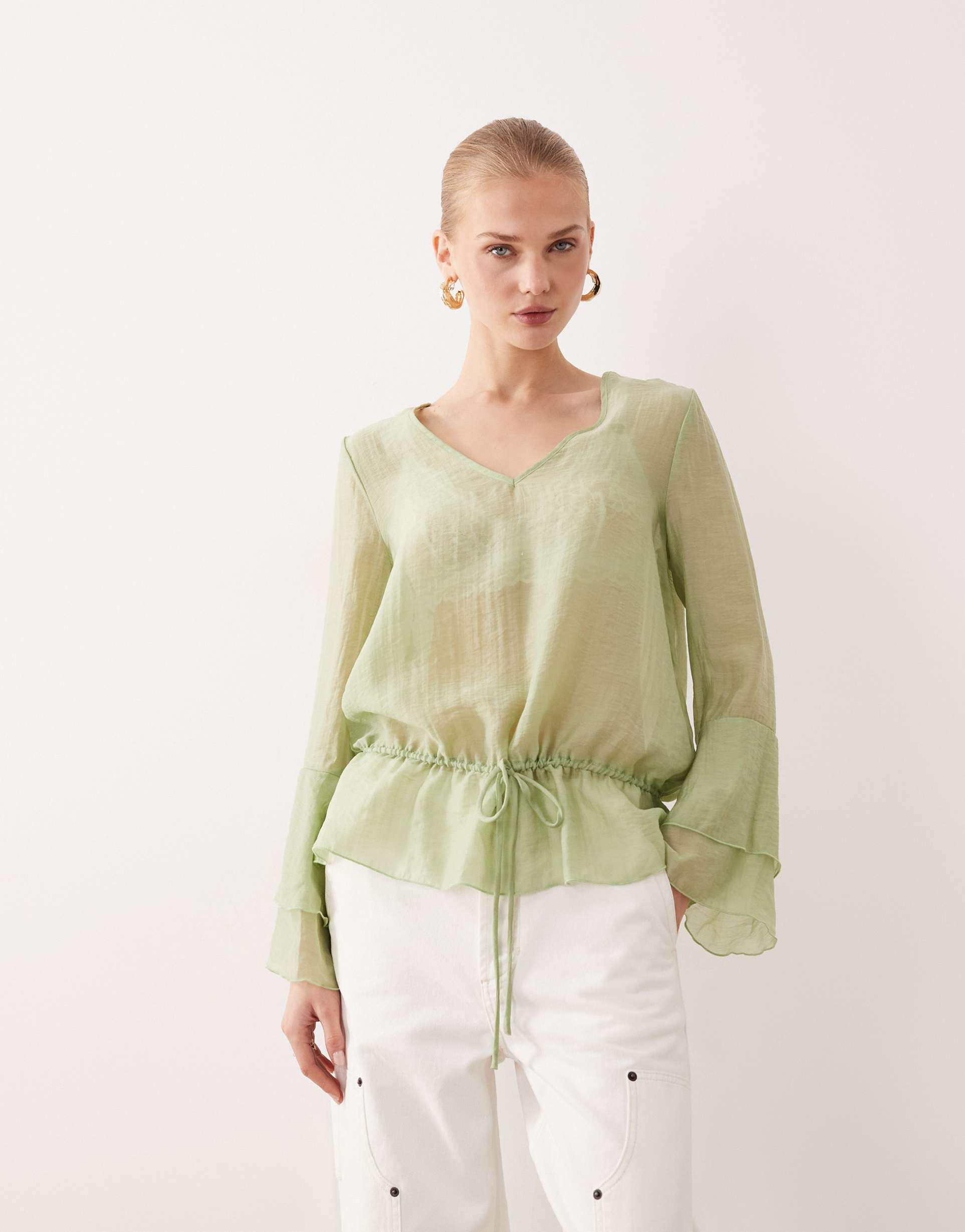 aware flared sleeve v-neck top in herb green