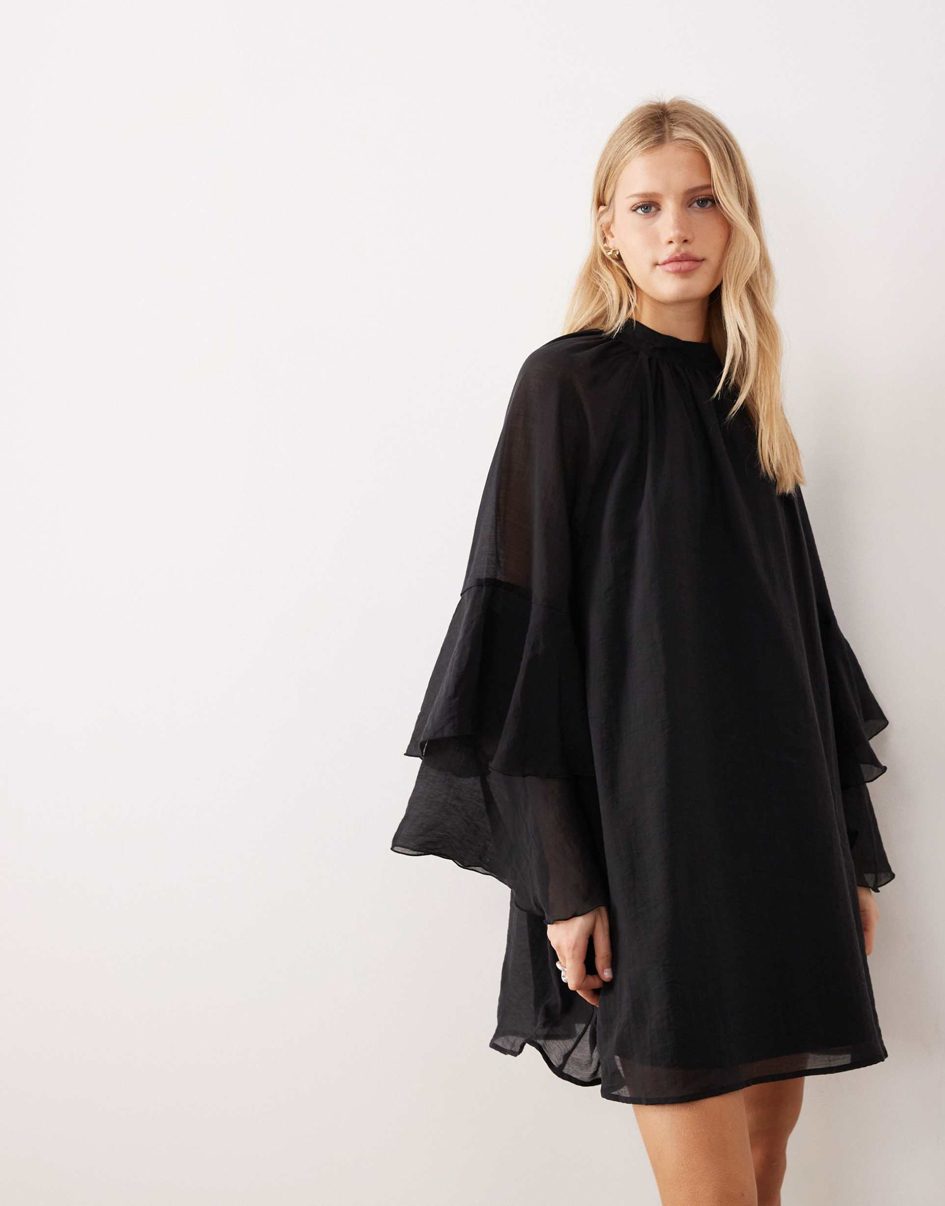 aware flared sleeves high neck mini dress in black