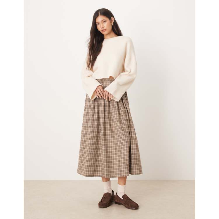 AWARE full tie waist detail skirt in beige and brown mini check
