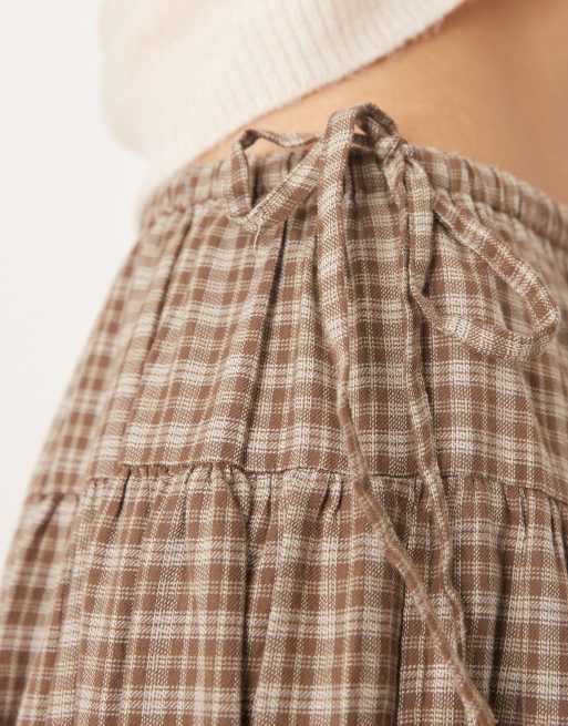 AWARE full tie waist detail skirt in beige and brown mini check print