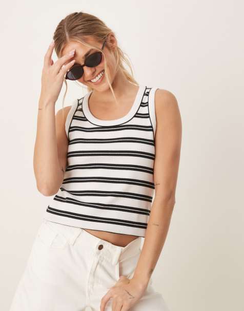 AWARE - Geribbelde gebreide gestreepte tanktop in zwart en wit - view 1