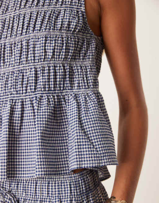 AWARE - Geruite gesmokte peplum top van seersucker in blauw, deel van co-ord set, 3 van 4