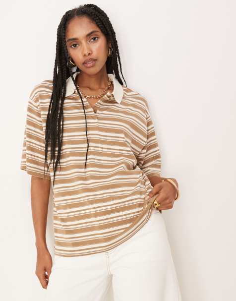 AWARE - Gestreepte polotop met halflange mouwen in neutraal - view 1