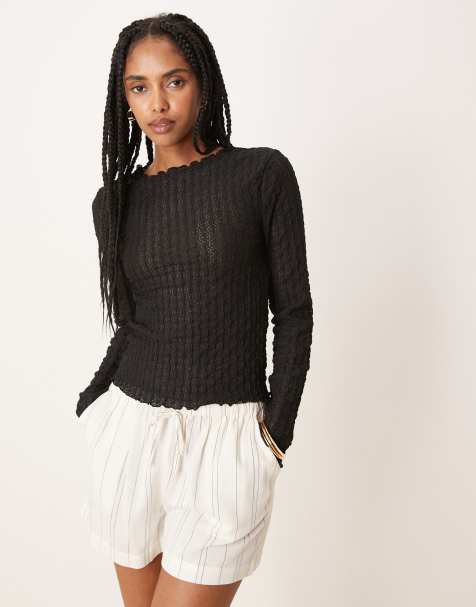 AWARE - Getextureerde jersey T-shirt met lange mouwen en geschulpte boord in zwart - view 1