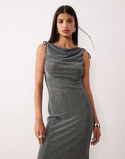 AWARE glitter jersey cowl neck cami midi dress in black and silver - view 1