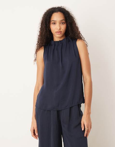AWARE pleated high neck detail sleeveless top co-ord in navy
