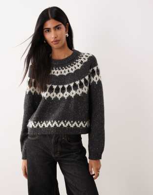 AWARE - Grobstrickpullover aus Wollmix in meliertem Grau mit Norwegermuster