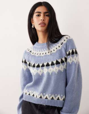 AWARE - Grobstrickpullover aus Wollmix in zartem Blau mit Fairisle-Muster