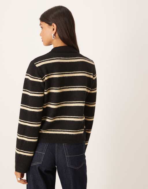 AWARE hairy yarn knit rugby polo style sweater in black and cream stripe, 4 of 4