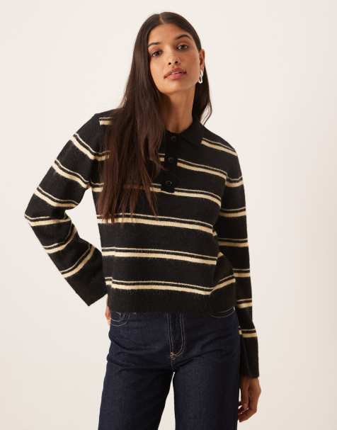 AWARE hairy yarn knitted rugby polo style jumper in black and cream stripe - view 1