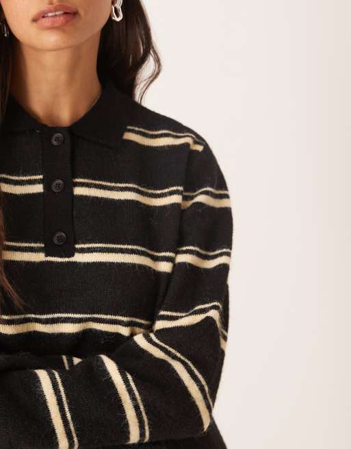 AWARE hairy yarn knitted rugby polo style jumper in black and cream stripe, 2 of 4
