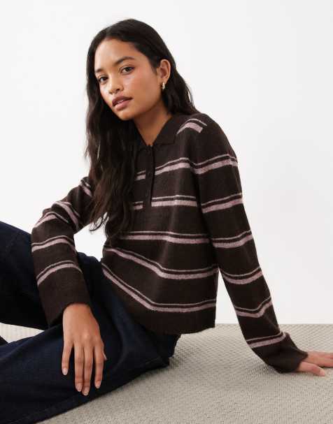 AWARE hairy yarn knitted rugby polo style jumper in chocolate brown stripe - view 1