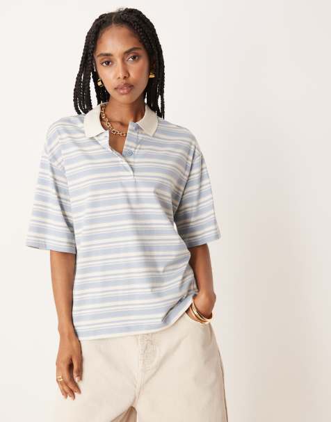 AWARE half sleeve polo top in dusty blue stripe - view 1
