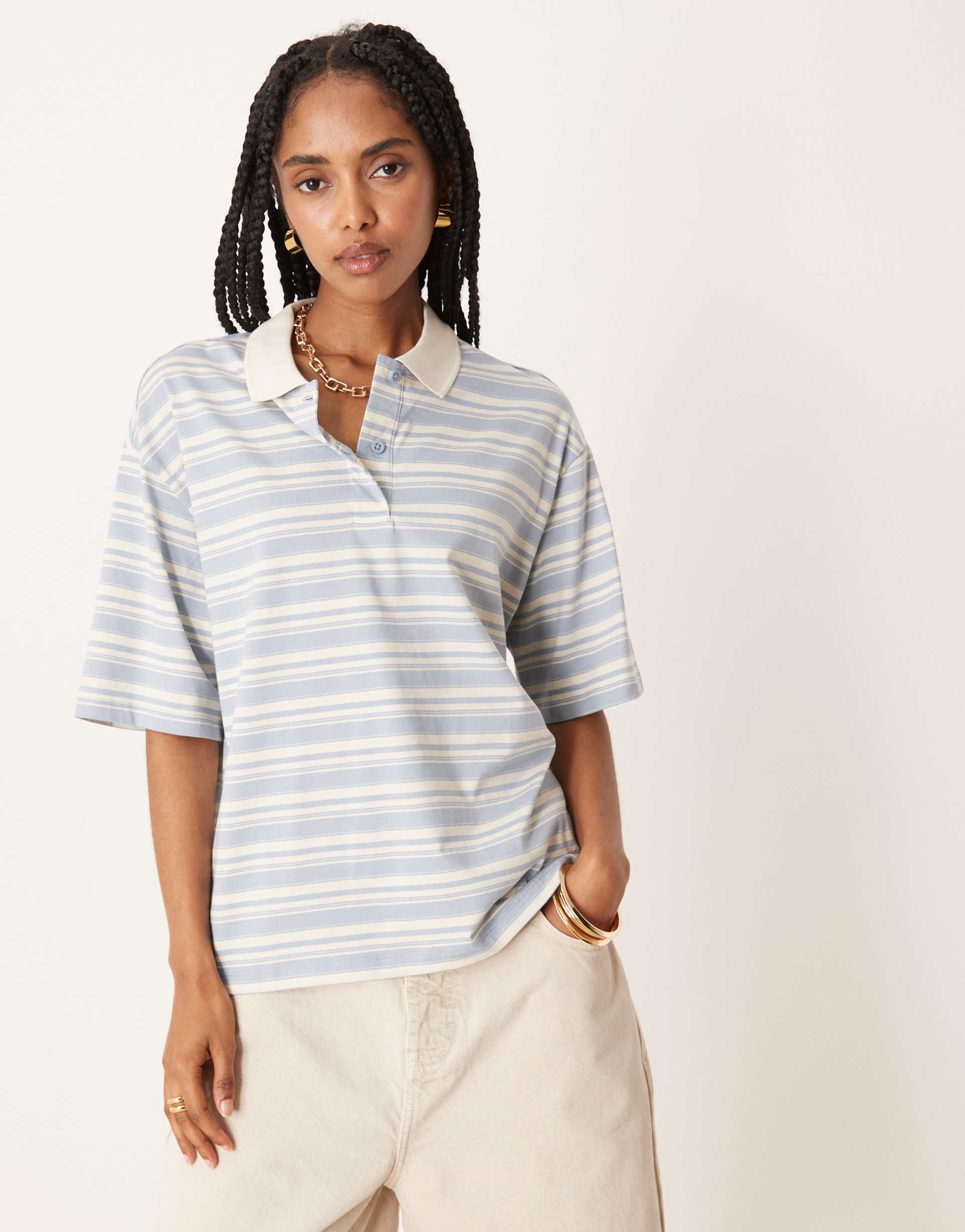 aware half sleeves polo top in dusty blue stripes