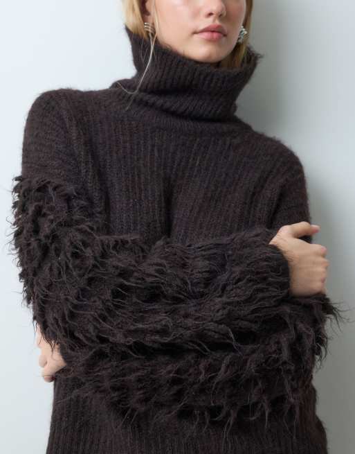 AWARE high neck frill sleeve detail jumper in chocolate brown, 3 of 5