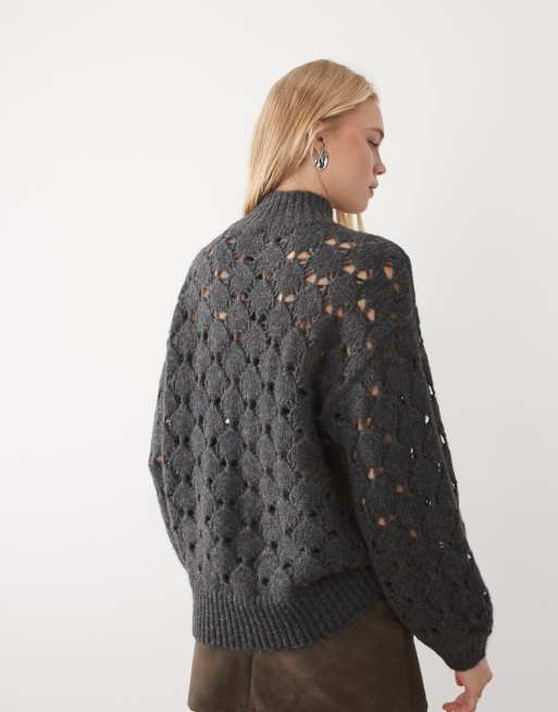AWARE high neck open knit detail jumper in dark grey melange, 3 of 4