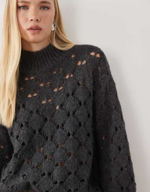 AWARE high neck open knit detail jumper in dark grey melange, 4 of 4