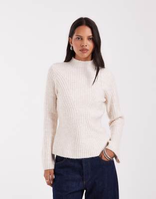 Aware High Neck Ribbed Detail Sweater In White