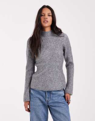 Aware High Neck Ribbed Detail Sweater In Gray