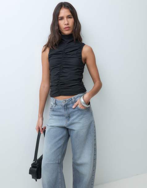 AWARE high neck sleeveless ruched detail top in black