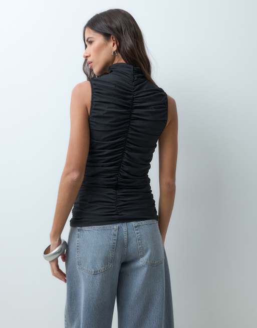 AWARE high neck sleeveless ruched detail top in black, 4 of 5