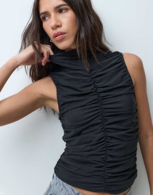 AWARE high neck sleeveless ruched detail top in black, 5 of 5