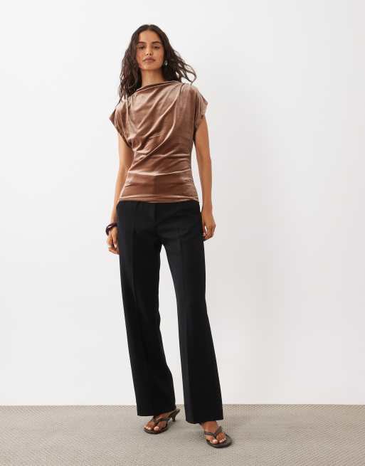 AWARE high neck velvet cap sleeve top in light brown, 2 of 4