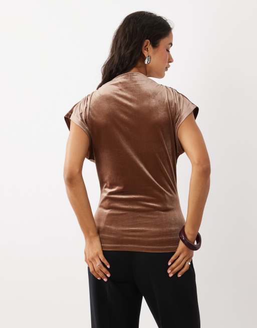 AWARE high neck velvet cap sleeve top in light brown, 4 of 4