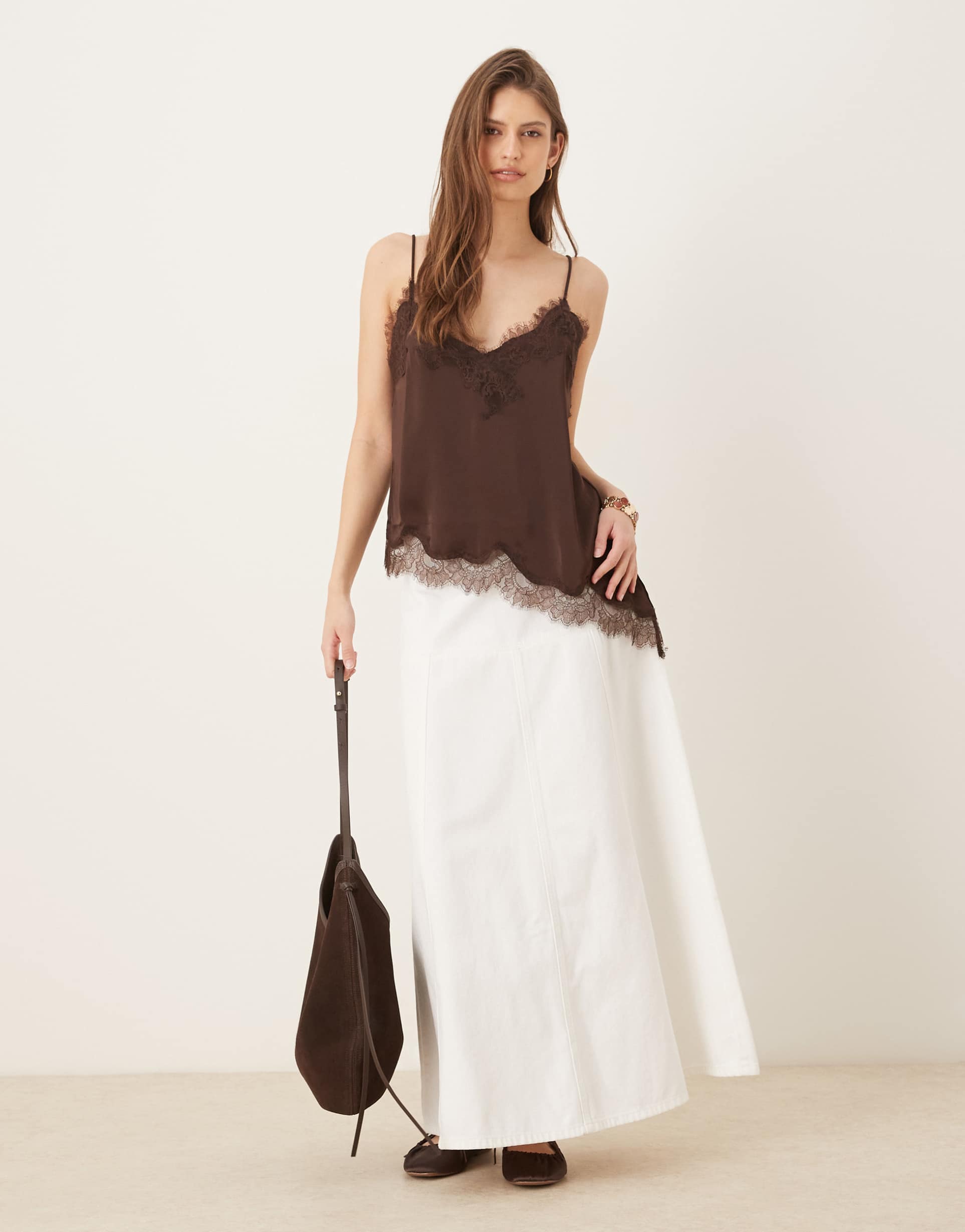 aware high rise denim maxi skirt in ecru