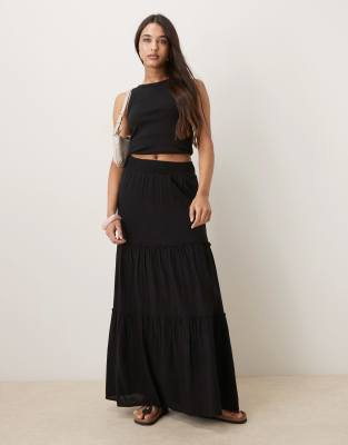 AWARE high waist boho tiered maxi skirt in black