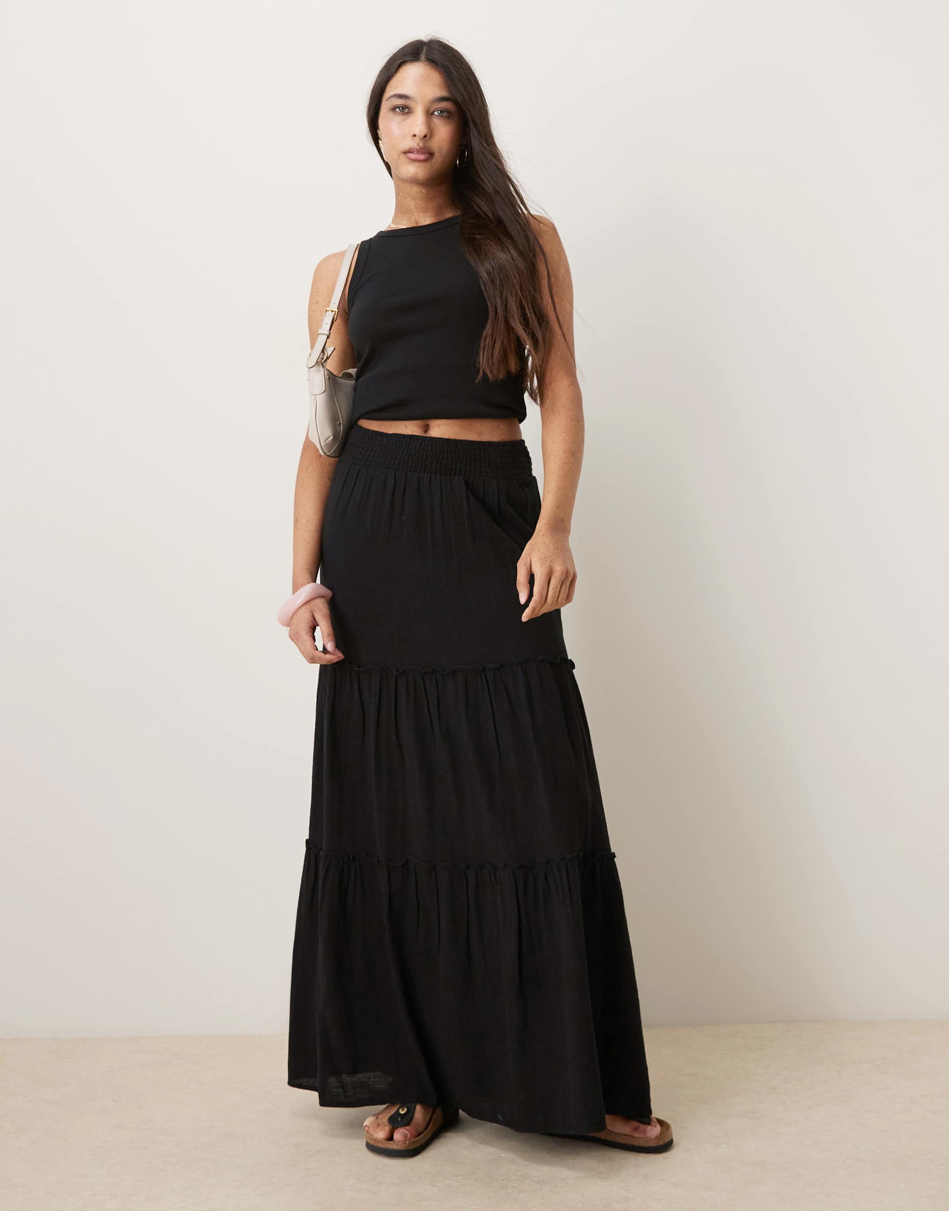 aware high waist boho tiered maxi skirt in black