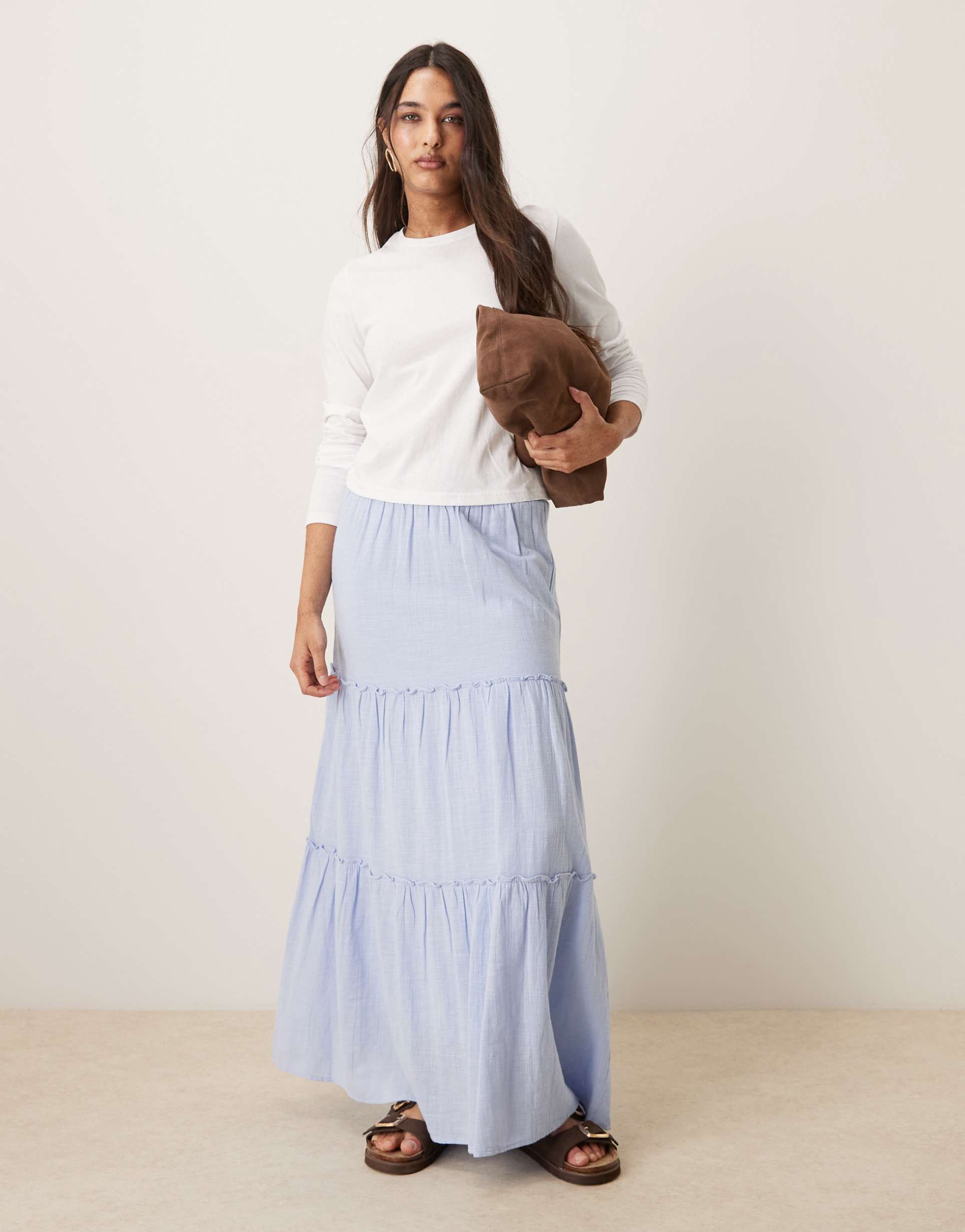 aware high waist boho tiered maxi skirt in light blue