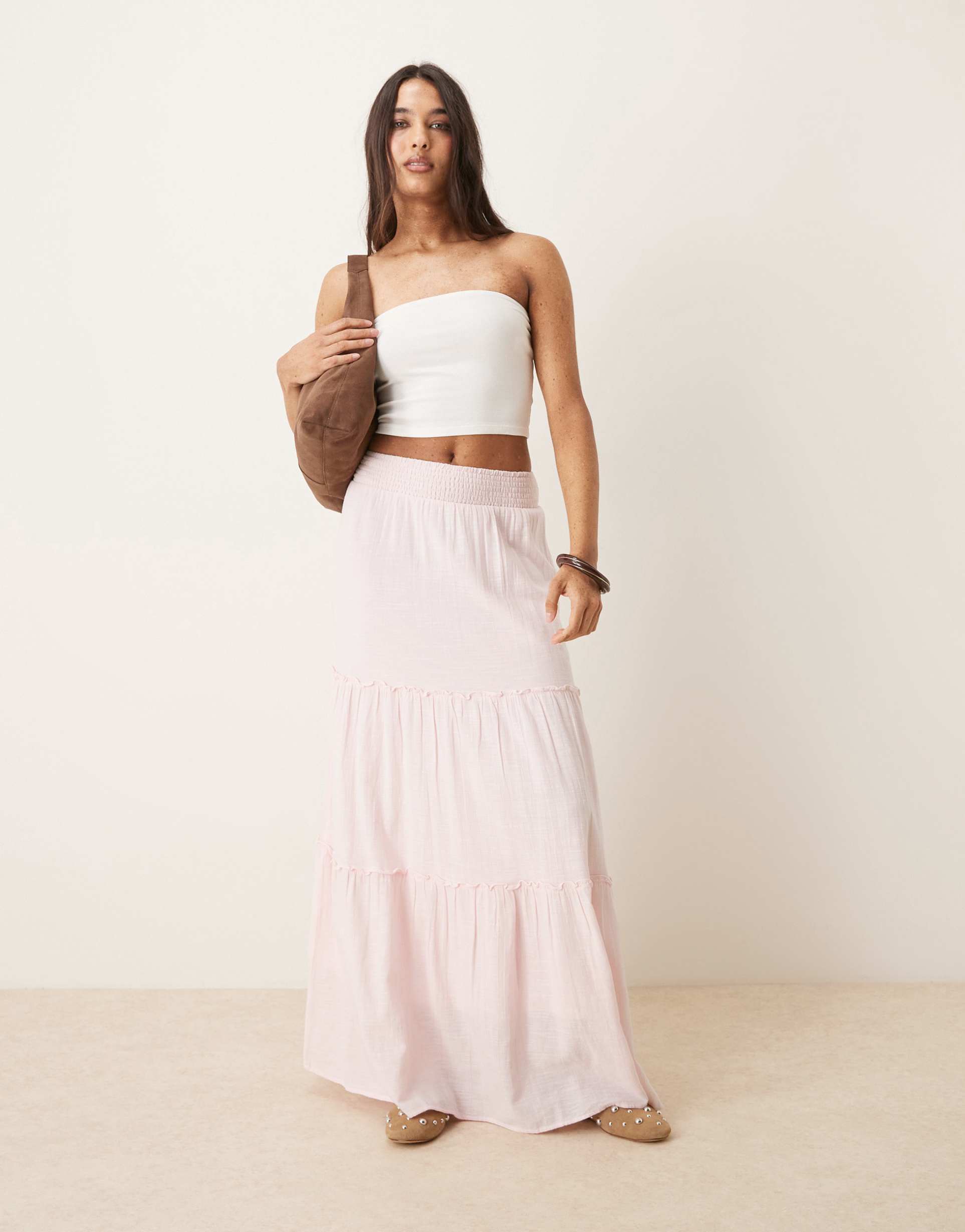 aware high waist boho tiered maxi skirt in light pink
