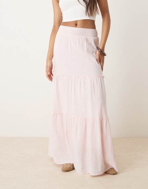 AWARE high waist boho tiered maxi skirt in light pink, 2 of 5