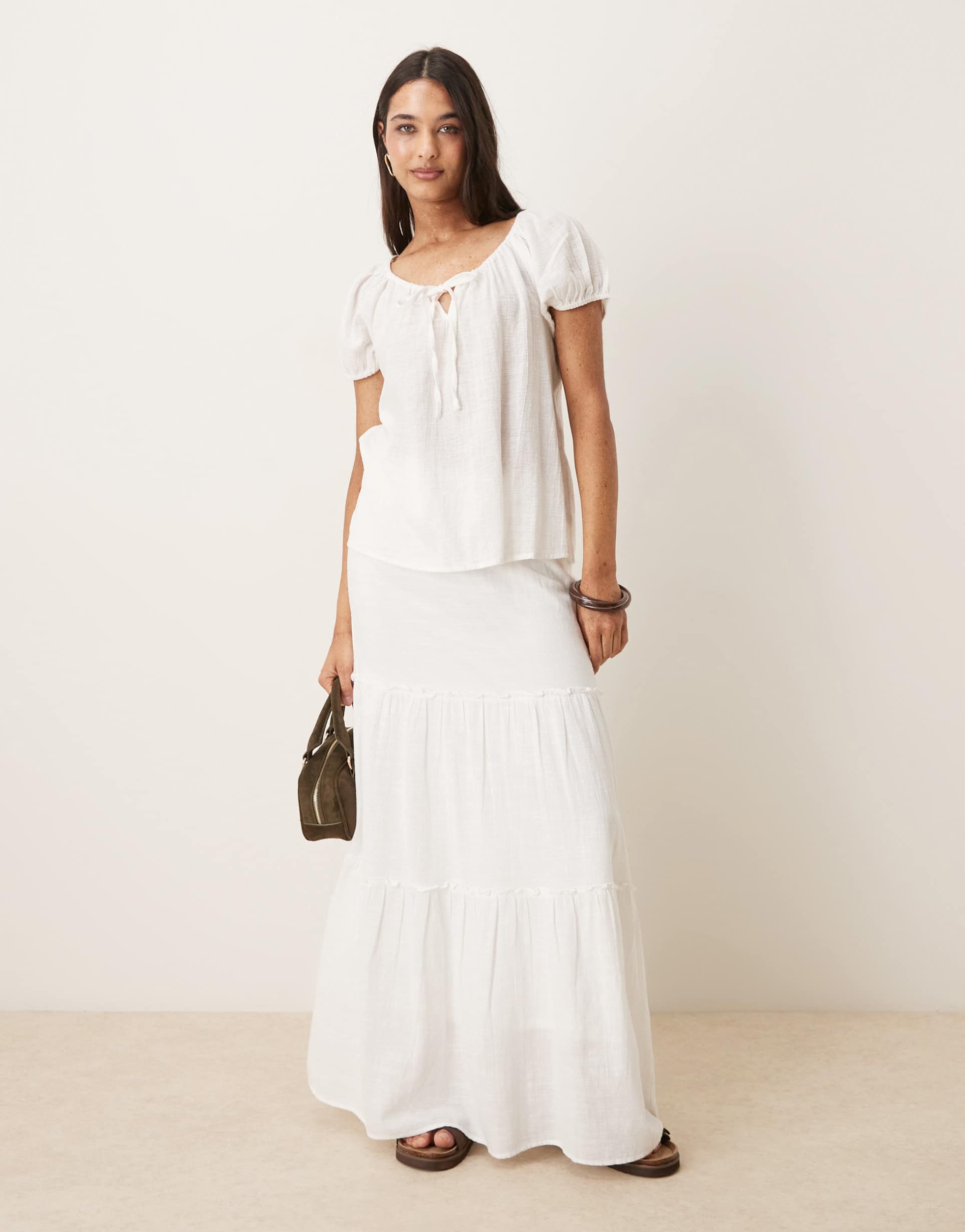 aware high waist boho tiered maxi skirt in white