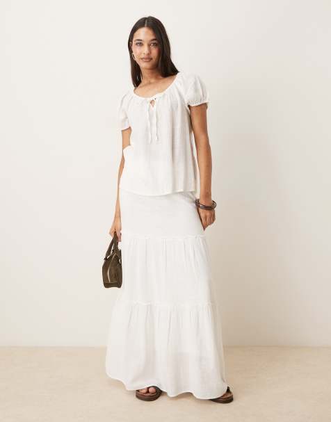AWARE high waist boho tiered maxi skirt in white