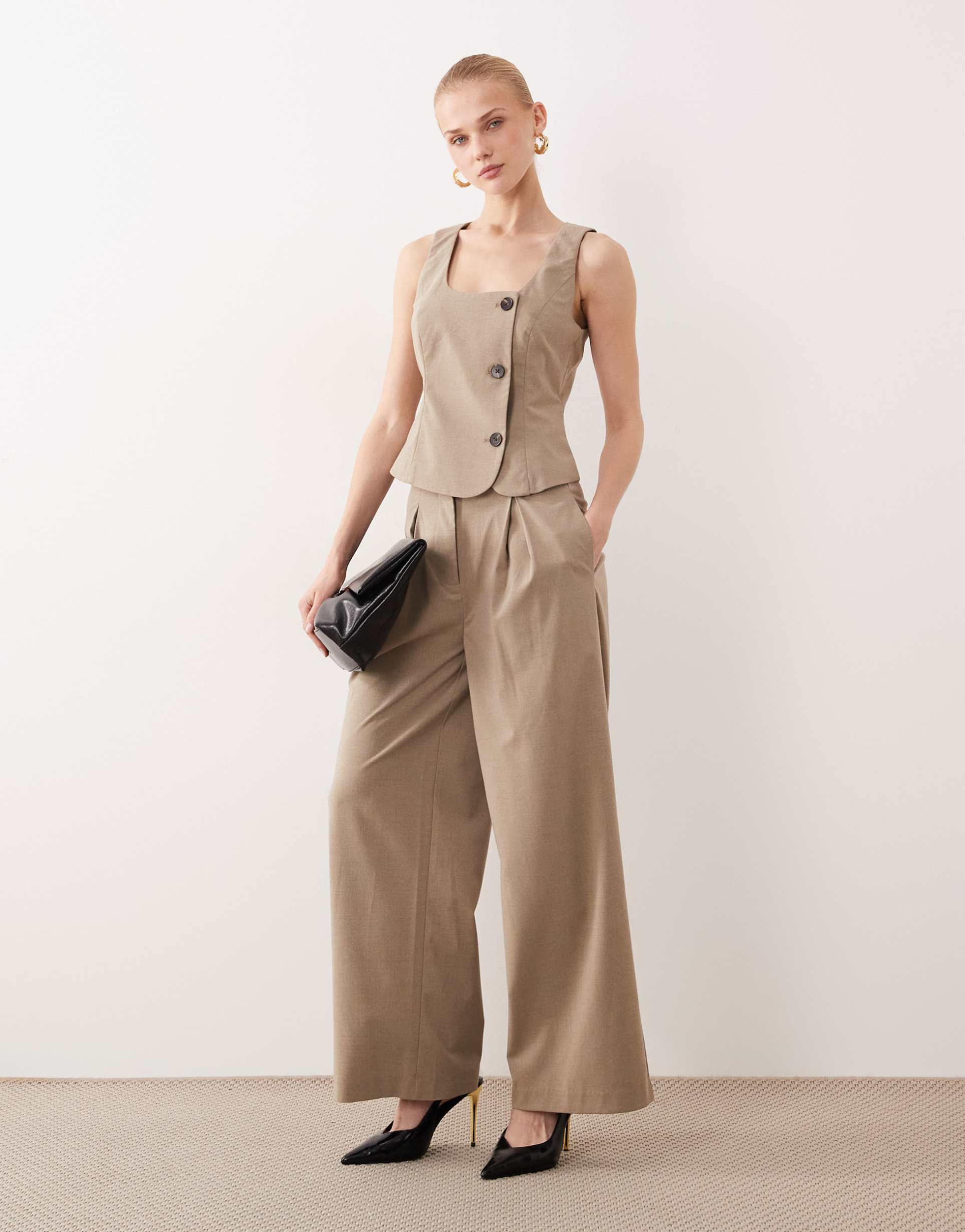 aware high waist wide leg deep pleat pants in beige melange - part of a set