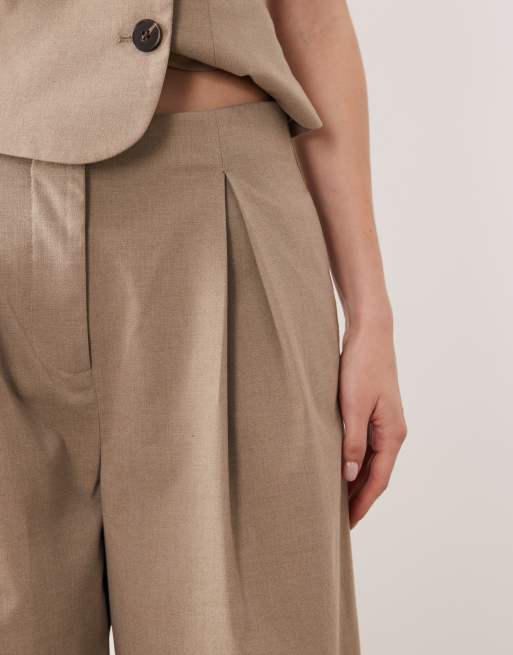 AWARE high waist wide leg deep pleat pants in beige melange (part of a set)   , 3 of 5