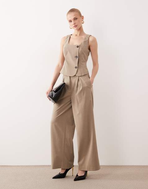 AWARE high waist wide leg deep pleat trouser co-ord in beige melange - view 1