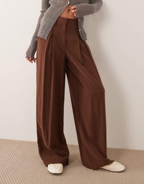 AWARE high waisted pleat front pants in chocolate brown - view 1