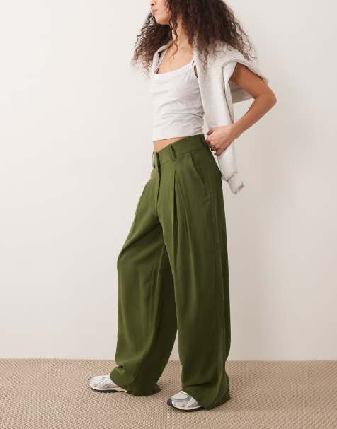 AWARE high waisted pleat front pants in deep green - view 1