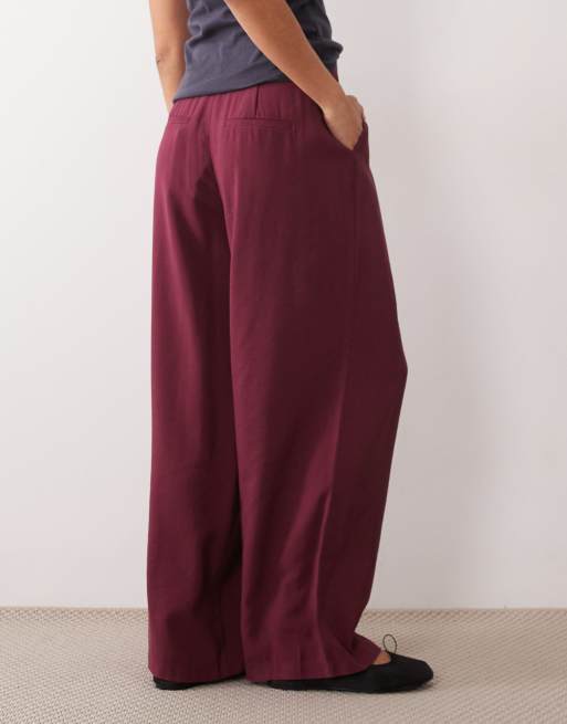 AWARE high waisted pleat front trousers in burgundy, 3 of 5