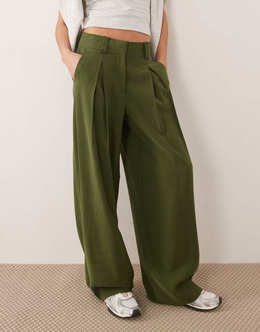 AWARE high waisted pleat front trousers in deep green, 3 of 5